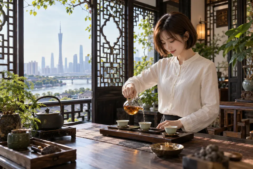 岭南花窗旁的冲泡空间，公道杯分茶