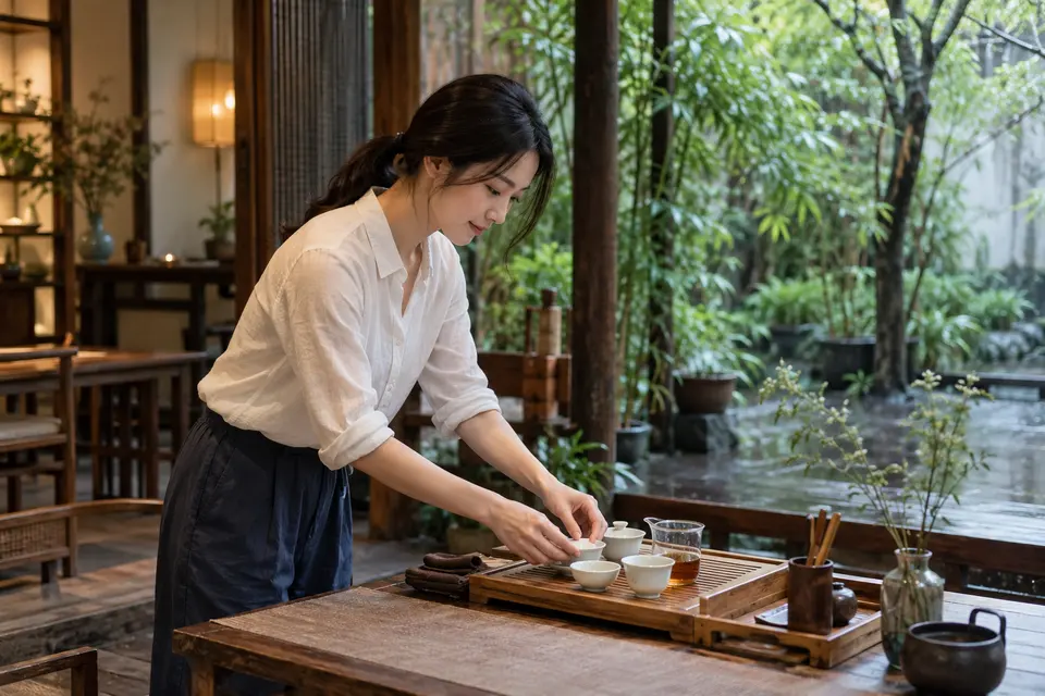 庭院茶席布置，竹制茶具与盖碗摆放在木桌上