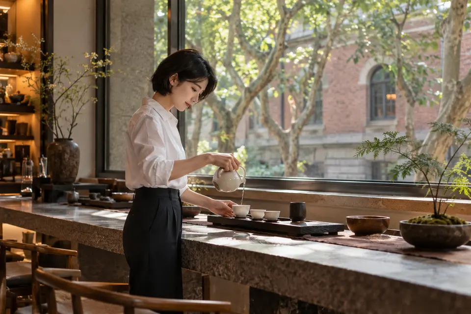 都市街区茶室内倒茶场景，白瓷茶具